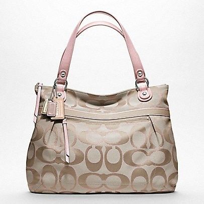 NWT COACH POPPY SIGNATURE METALLIC SATEEN GLAM TOTE KHAKI PINK 18979 