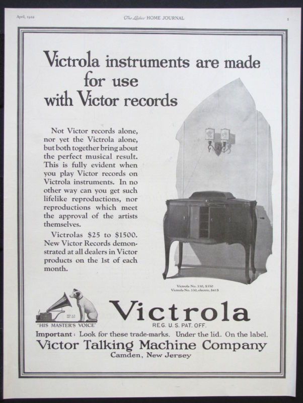 1922 VICTOR TALKING MACHINE Victrola Phonograph magazine Ad record 
