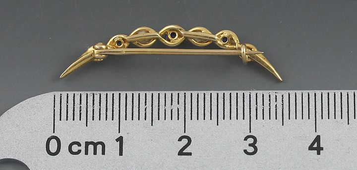 ANTIQUE 14K GOLD CORNFLOWER SAPPHIRE PEARL CRESCENT PIN  