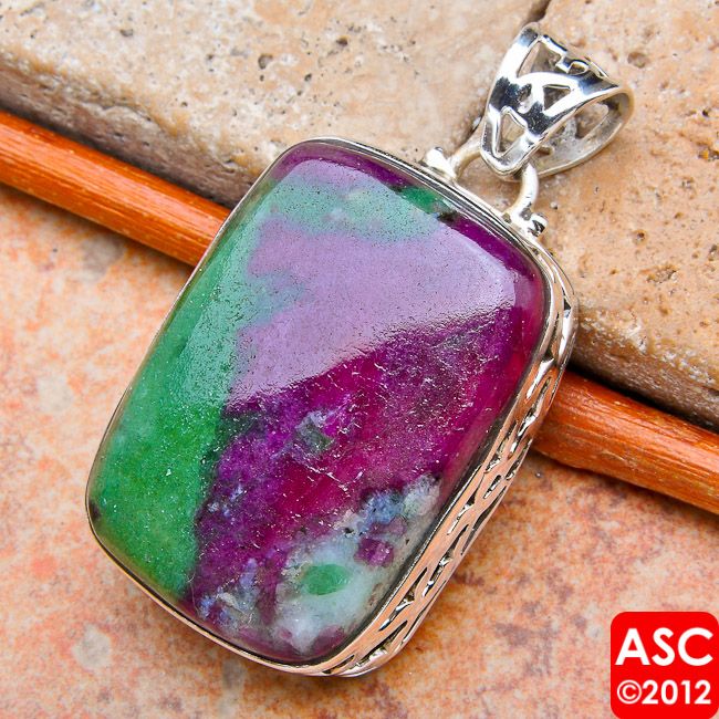 RUBY ZOISITE .925 SILVER PENDANT 1 5/8  