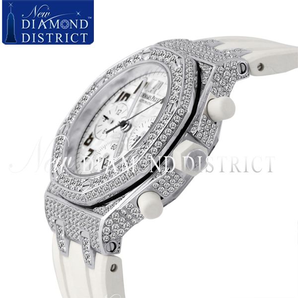 LADIES 9.50CT DIAMOND AUDEMARS PIGUET ROYAL OAK OFFSHORE WHITE CHRONO 