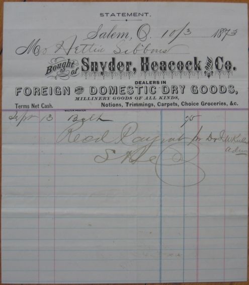 1873 Letterhead Snyder Heacock Dry Goods Salem, Ohio OH  