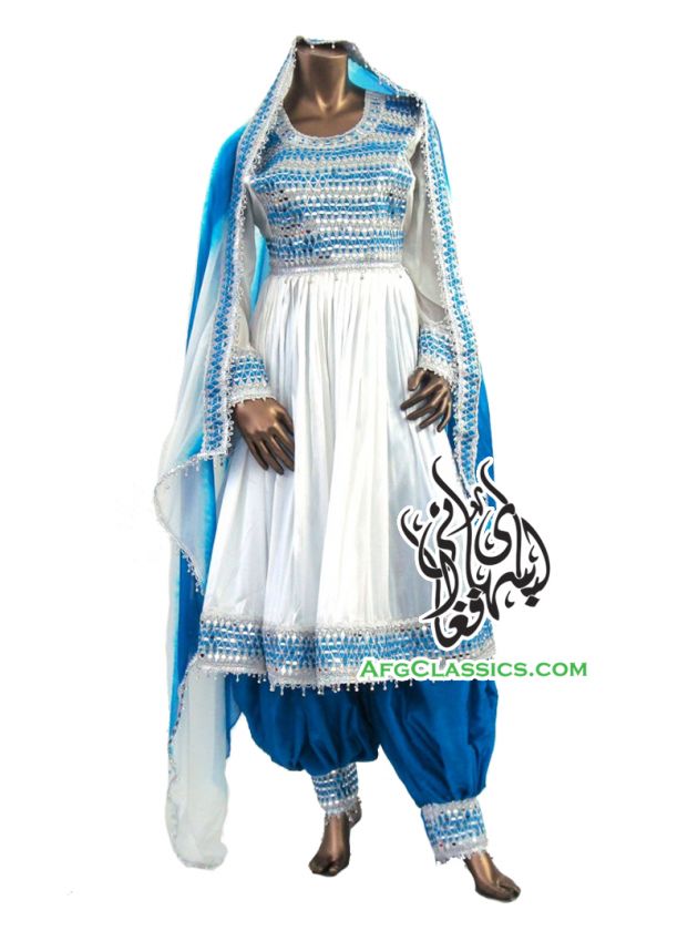 Traditional Afghanistan Womens Formal Dress Mirror Work White Blue 