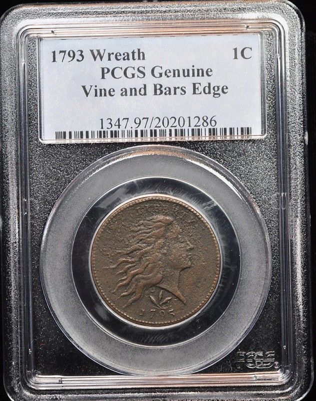 1793 WREATH LARGE CENT VINE & BARS EDGE RARE PCGS GENUINE AU DETAILS 