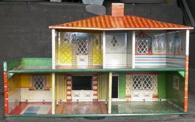 Large Vintage 1950s 2 STORY TIN DOLLHOUSE DOLL HOUSE TOY w LATTICE 