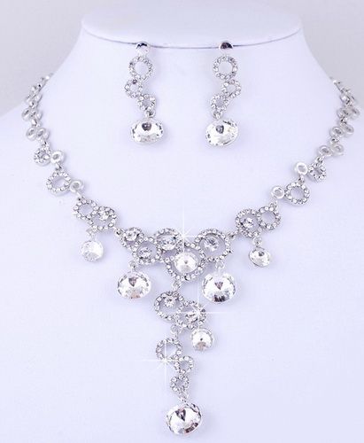 White Ringed Bead Link Czekh Rhinestone Crystal Bridal Necklace 