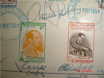 CUBA CHESS,CAPABLANCA, EDWARD LASKER STAMPS, SEVERAL AUTOGRAPHS