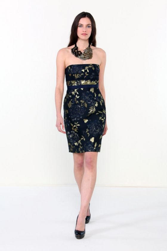 448 ELIE TAHARI NAVY GOLD ORITAL COCKTAIL DRESS 12 US  