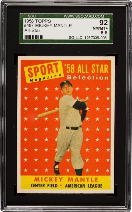 1958 Topps #487 Mickey Mantle All Star (HOF) Yankees SGC 92 ~ Looks 