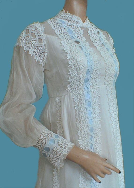 VTG 60s 70s White Blue CROCHET LACE HIPPIE WEDDING BOHO FESTIVAL DRESS 