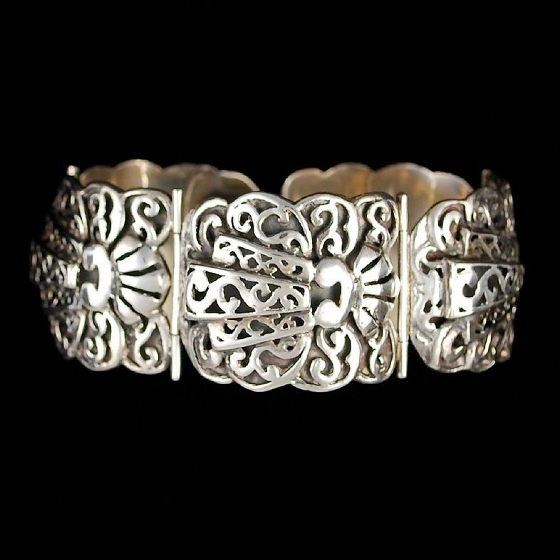 Early Mexican Sterling Silver Repousse Bracelet Signed  
