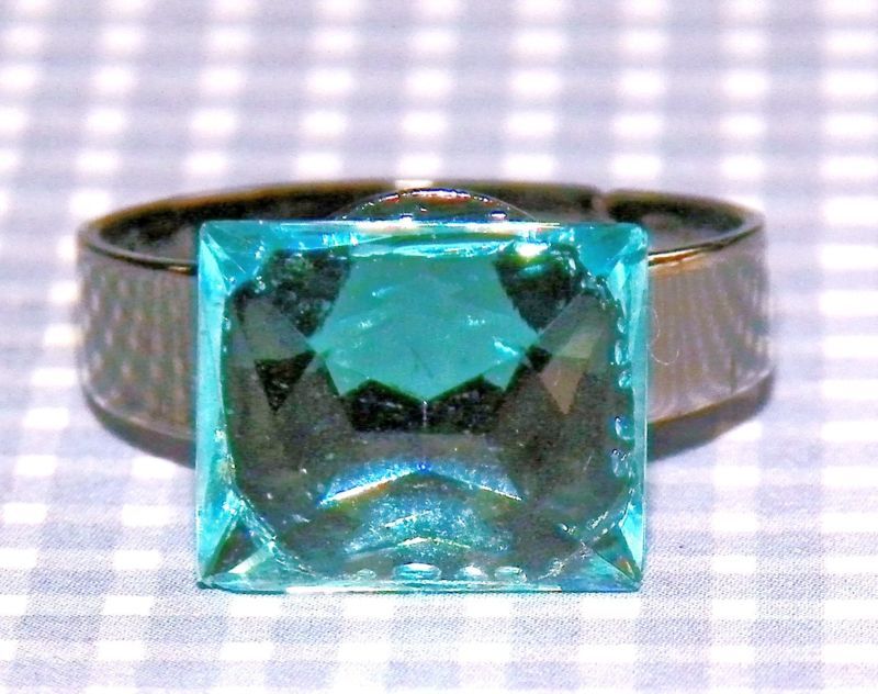 Vintage Aqua Cushion Cut Swarovski Adjustable Ring  