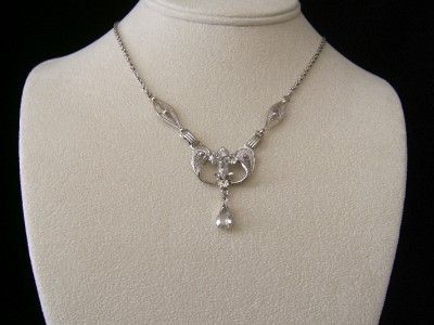   Silver Filigree Rhinestone Lavaliere Pendant Necklace ~ Signed  