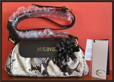 JUST CAVALLI Python Snake Embssd Brown Cream Sm Leather Crossbody bag 