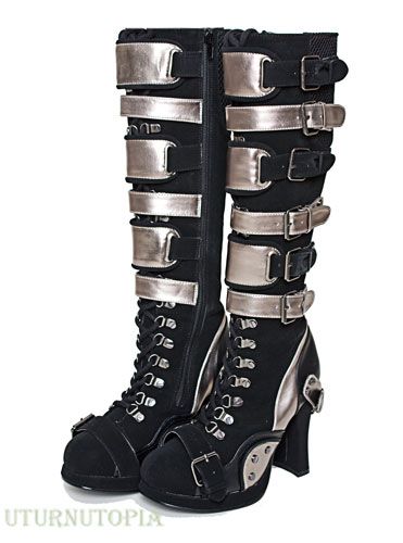 Black Silver Knee High Panel Strapped Boots Gogo Retro Cosplay 