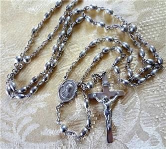 Antique ALL Sterling Silver Rosary Beads Necklace Cross Crucifix 