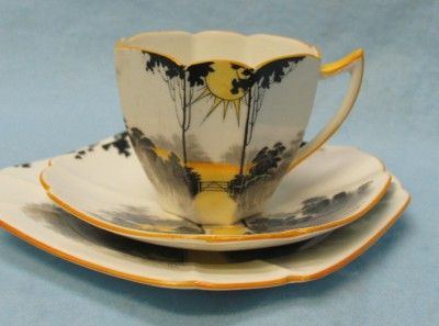 SHELLEY Art Deco SUNSET TALL TREES Cup Saucer PlateTRIO  