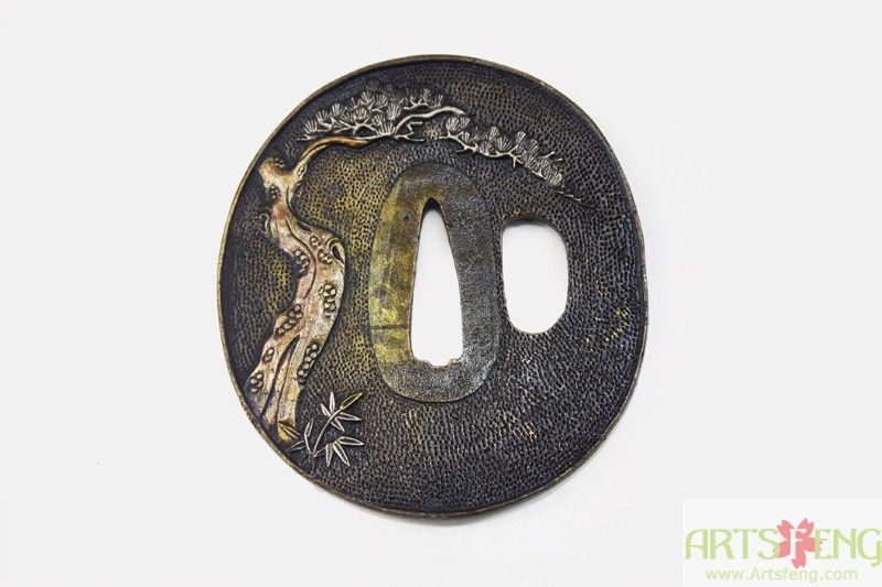 TC092 JP SAMURAI SWORD GUARD CRANE NESTLING TSUBA  