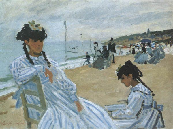 MONET ON BEACH TROUVILLE FRAMED CANVAS GICLEE ART REPRO  