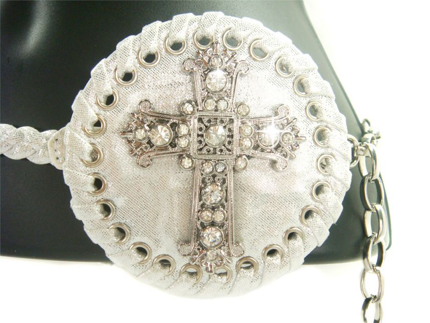 RHINESTONE CRYSTAL BLING GOTHIC CROSS SILVER BRAIDED CHAIN THIN HIP 