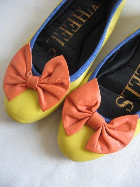 VTG 80s BALLET FLATS w/ BOWS Yellow & Orange Leather~SZ 8 Pinwheels 