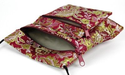 SILK BROCADE PASSPORT BAG WINE Travel Case Pouch Strap  