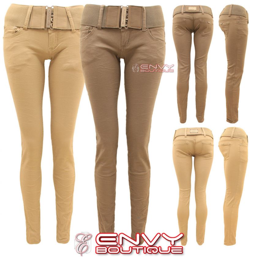   WOMENS SKINNY BELTED JEANS TROUSERS SLIM LOOK PANTS SIZE 6 8 10 12 14