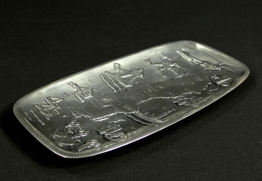 MODERNIST SCENIC SWEDEN MAP SILVERPLATE PIN CANDY NUT TRAY DISH 