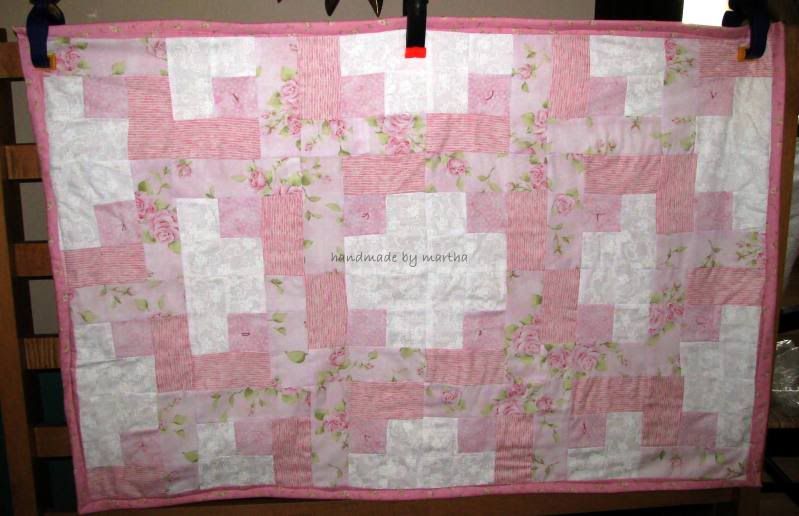   Pink Baby Quilt 33 X 45 flowers girl crib patch LOG CABIN star v4
