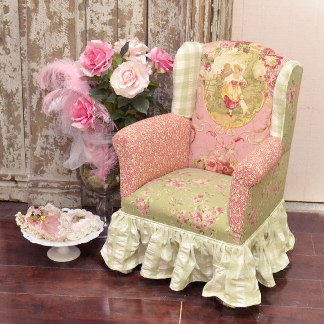   Pink and Sage Rose Victorian Style Petite Slipper Chair Wing  