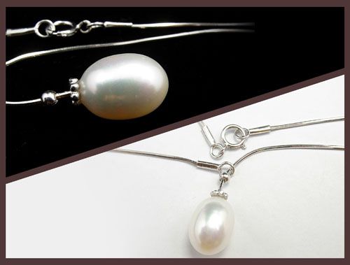 Snake Sterling Silver AA Luster ellipse Pearl Necklace  