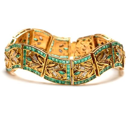 18K GOLD BRACELET DIAMOND EMERALD VINTAGE STYLE JEWELRY  