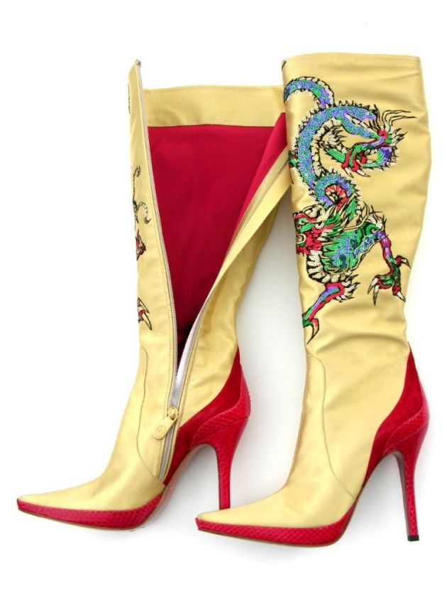 NEW LES TROPEZIENNES BOOTS SNAKE SATIN SEQUIN DRAGON 37   7  