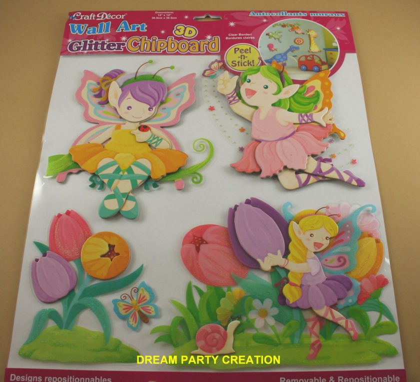 FAIRIES Wall Art GLITTER CHIPBOARD Removable 3D Stickers  