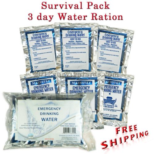 EMERGENCY DRINKING WATER PACK 3 DAY SURVIVAL RATIONS 5 YEAR SHELF LIFE