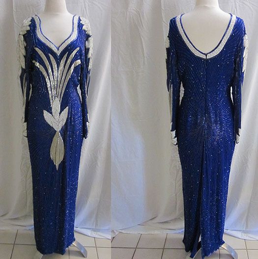   SEQUINS ORIGINALS SILK SEQUINS BEADED BALL GOWN INDIGO / BLUE DRESS SZ