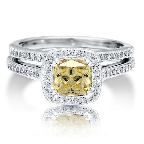   CUSHION CUT CANARY CUBIC ZIRCONIA CZ 2PC BRIDAL RING SET SZ5  