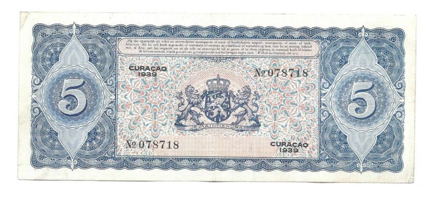 Curacao 5 Gulden 1939 VF Banknote P 22 EXTRA RARE  