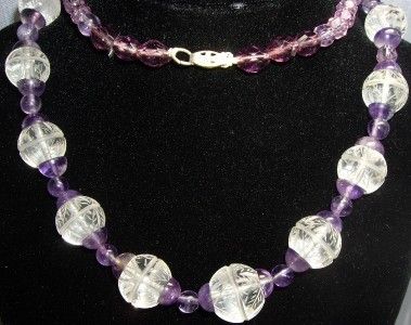 FINE~Vintage DECO Carved Rock Crystal ~ AMETHYST & Glass Crystal Bead 