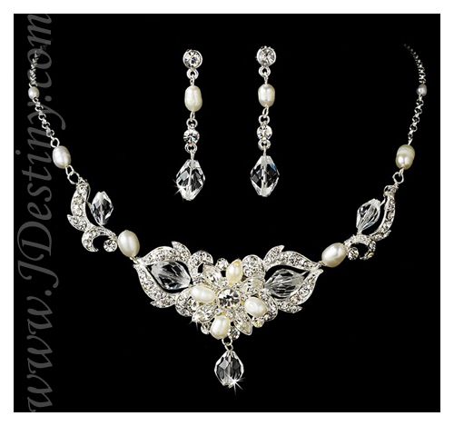 Bridal Crystal & Pearl Necklace Earrings Set Prom A295  