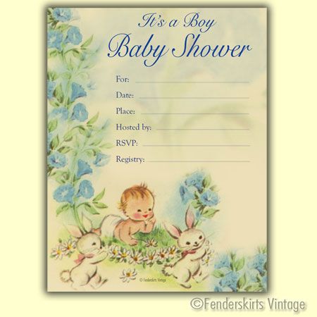 Vintage Retro 1950s Baby Boy Bunny Shower Invitations  