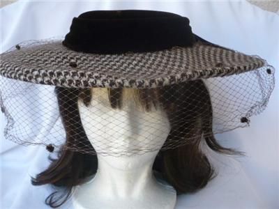 Wide Brim Tilt HAT Eric Javits Velvet VEIL BIG BOW Crown Houndstooth 