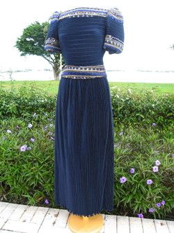 RICHILENE BEADED NAVY GODDESS GOWN~FORTUNY PLEATS~S/M  