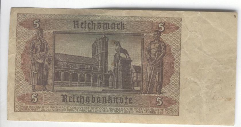 GERMANY NOTE 5 MARK 1942 PICK 186 b XF  RARE  