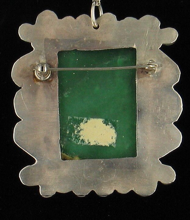 VINTAGE STERLING MEXICO AZTEC JADE CARVED FACE PIN NECKLACE  