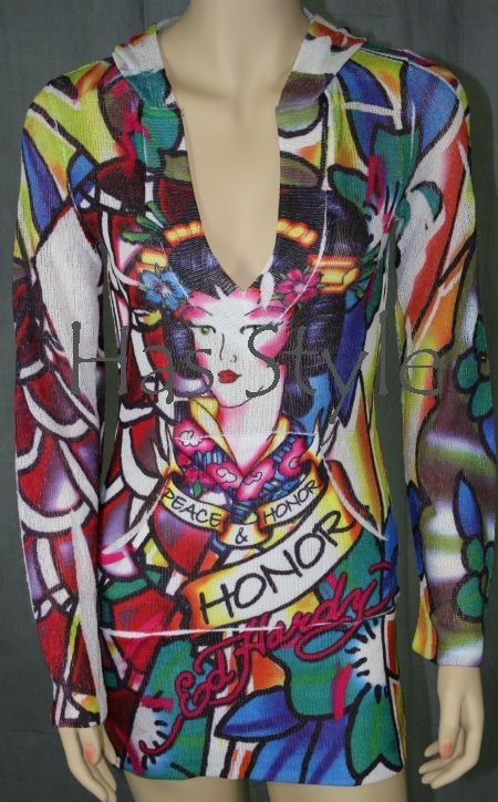 ED HARDY GEISHA Tunic Hoodie Dress Swim Cover Up Mesh S  