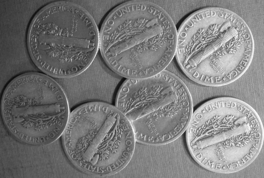 Silver Mercury Dimes Lot 7 Coins 1917, 1934,1938 D, 1942, 1942 D, 1942 
