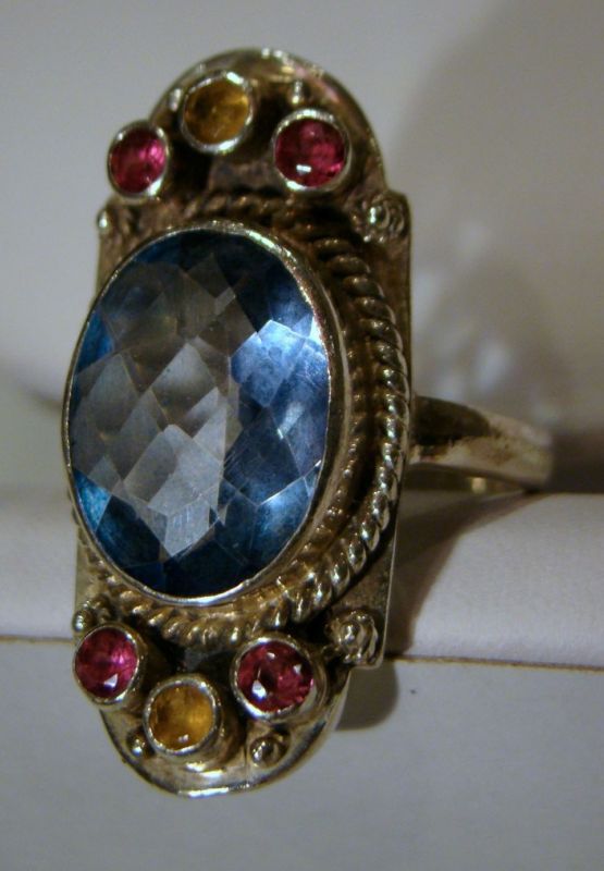 HUGE NICKY BUTLER HANDWROUGHT ASIAN MOTIF STERLING BLUE QUARTZ RING SZ 