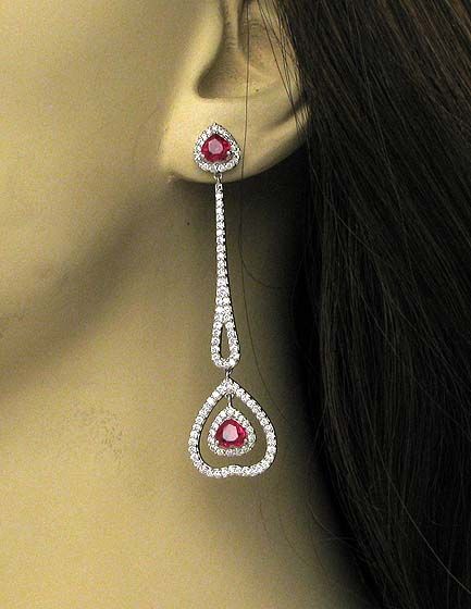 18K 4.58 CTS DIAMONDS & VIBRANT RUBIES DANGLE EARRINGS  