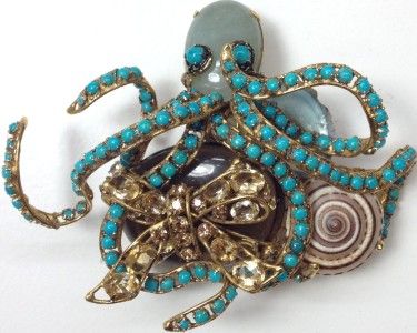   DIMENSIONAL CITRINE TOPAZ TURQUOISE SEASHELLS OCTOPUS PIN BROOCH